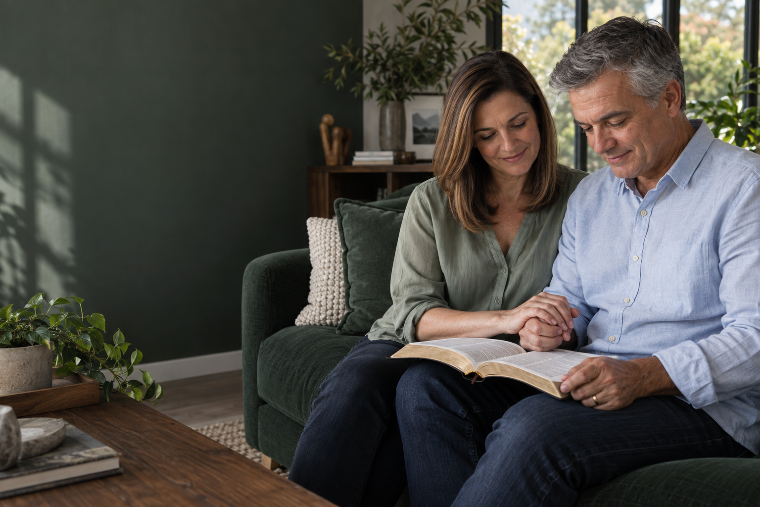 Casal compartilhando um momento de leitura no sofá